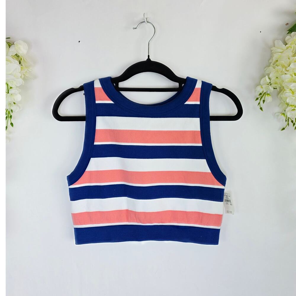 New OFFLINE by Aerie Crop Tank Top XL Blue Pink Striped Seamless Rib Athleisure